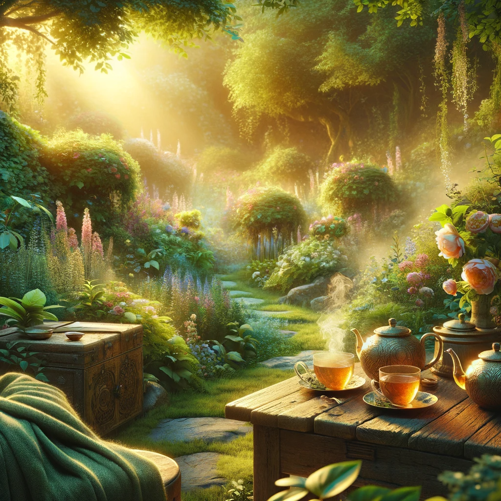 A tranquil and mystical tea room dedicated to Damiana tea, featuring natural elements and an earthy ambiance.