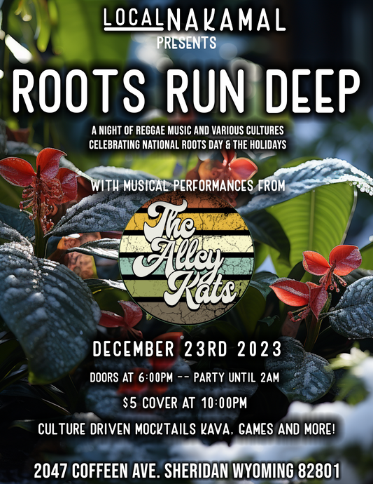 Vibrant gathering at Local Nakamal’s “Roots Run Deep” event with people enjoying reggae music, festive decorations, and cultural activities.